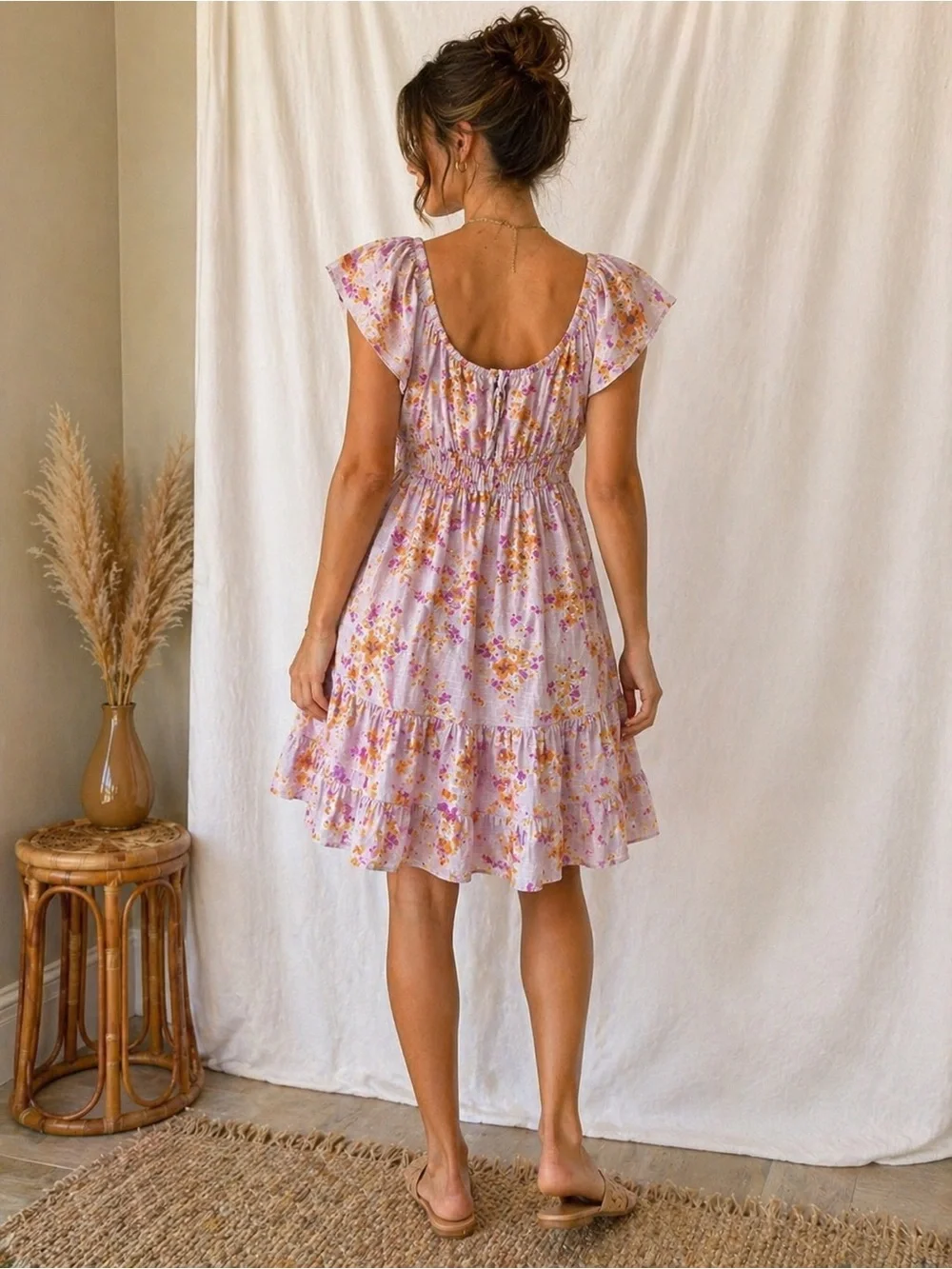 Floral Smocked Waist Lavender Mini Dress